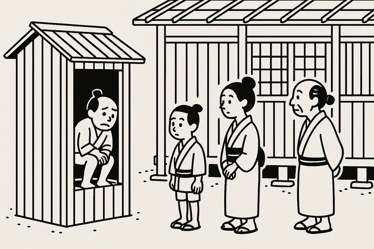長屋の共同便所で順番待ちをする様子