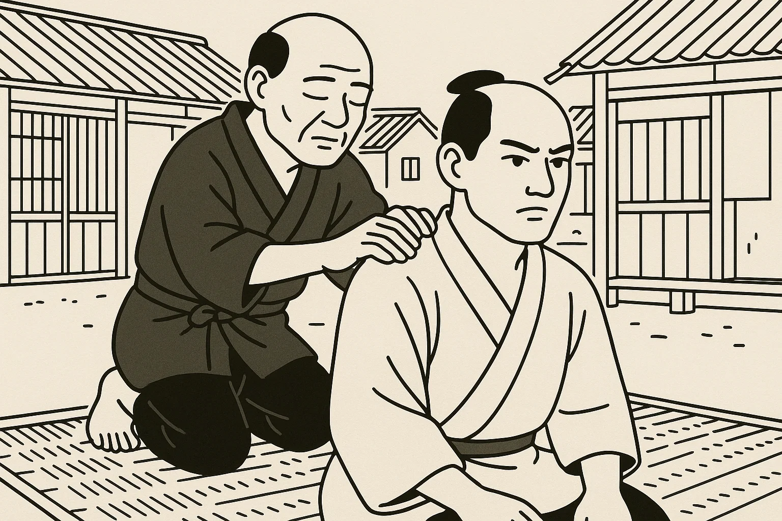 江戸時代の按摩が客の肩を揉んでいる。視覚障害者の按摩職人。 江戸時代、男性2人、按摩の手、客の肩、畳、真剣な表情、背景に長屋。