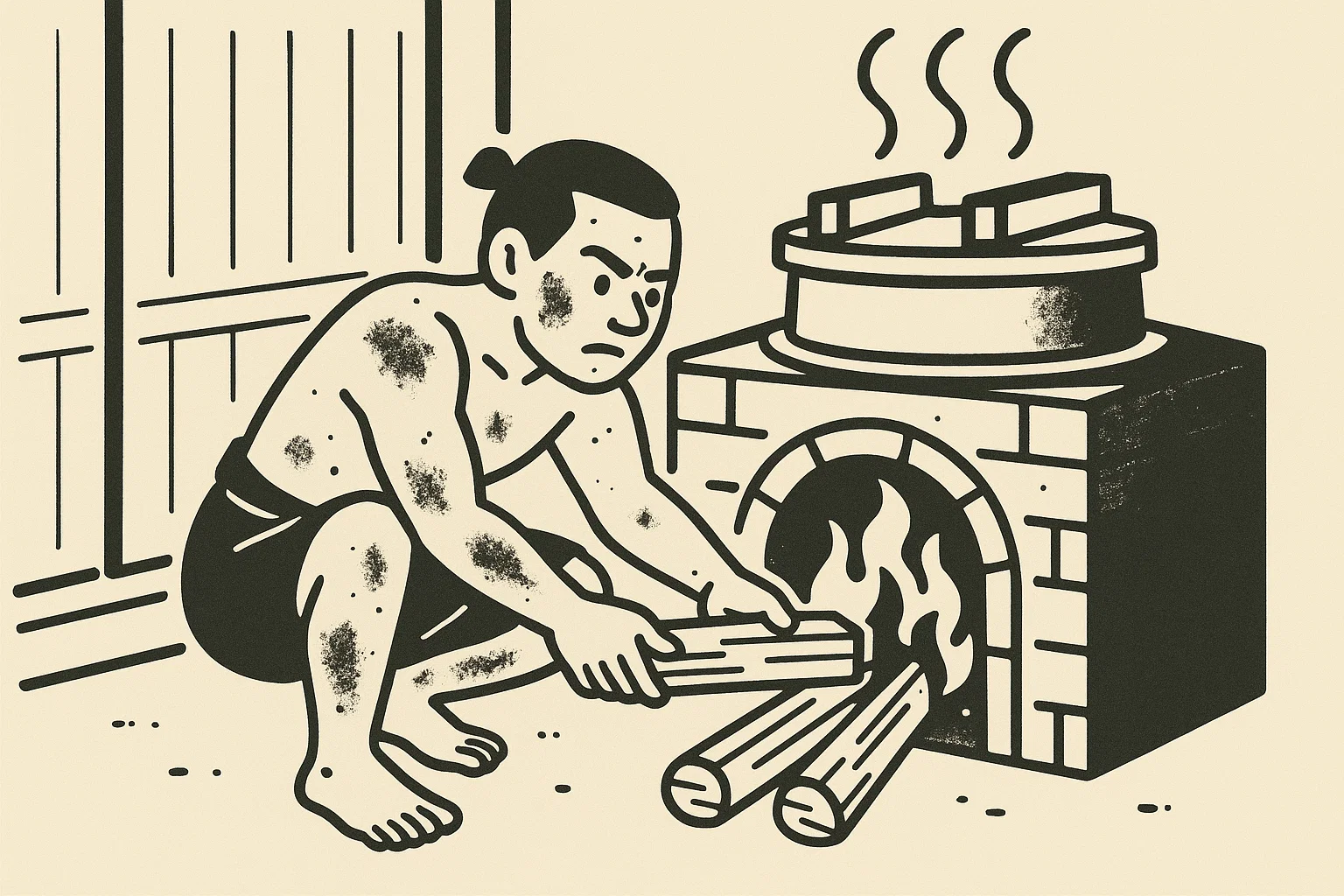 江戸時代の銭湯の裏で、風呂焚き職人が火室で薪をくべている。 江戸時代、男性1人、薪、炎、火室、煤まみれ、真剣な表情、背景に釜と湯気