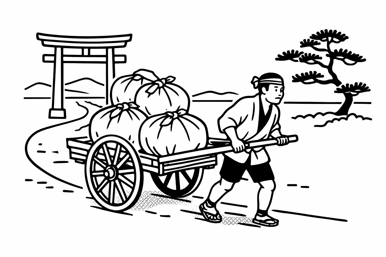 江戸時代に大八車で荷物を運ぶ人のイラスト