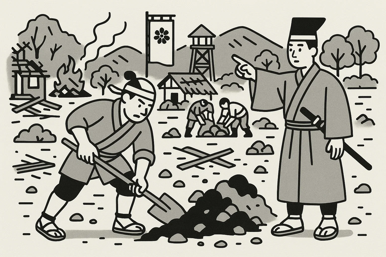 戦国時代。戦のあとの村を復興している土木作業する人と指示する役人