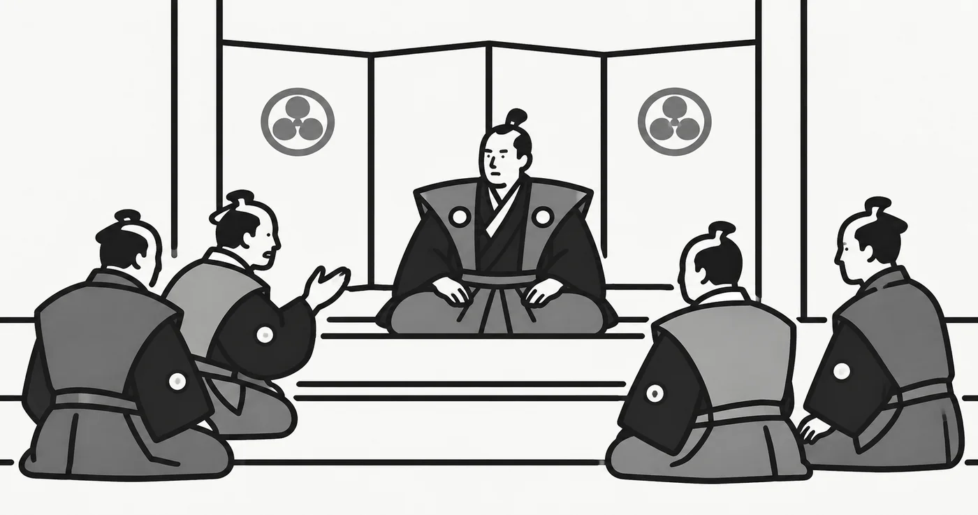 江戸城の殿中で、上座に座る大名と、その前で正座して話し合う武士たちを描いたシンプルなモノクロ線画。太めの輪郭線と少ない情報量で、江戸時代の武家社会における会議や言葉遣いの違いを表現している。