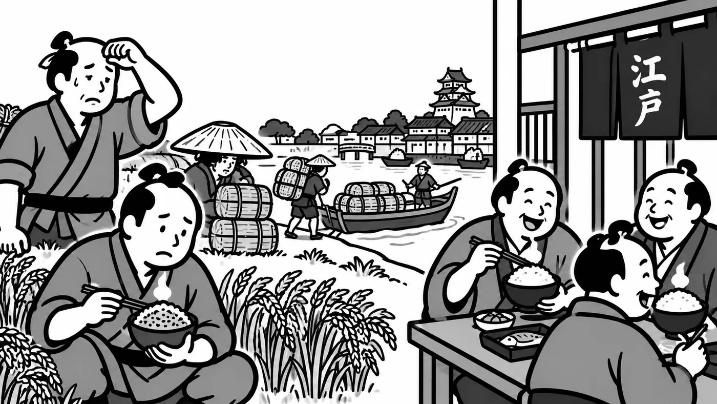江戸時代、農村で米を作る農民と、江戸で白米を食べる町人たちを描いたモノクロの線画
