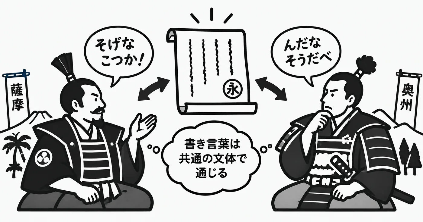 薩摩と奥州の戦国武将が方言で会話し、手紙では共通の書き言葉を使って意思疎通する様子を描いたイラスト