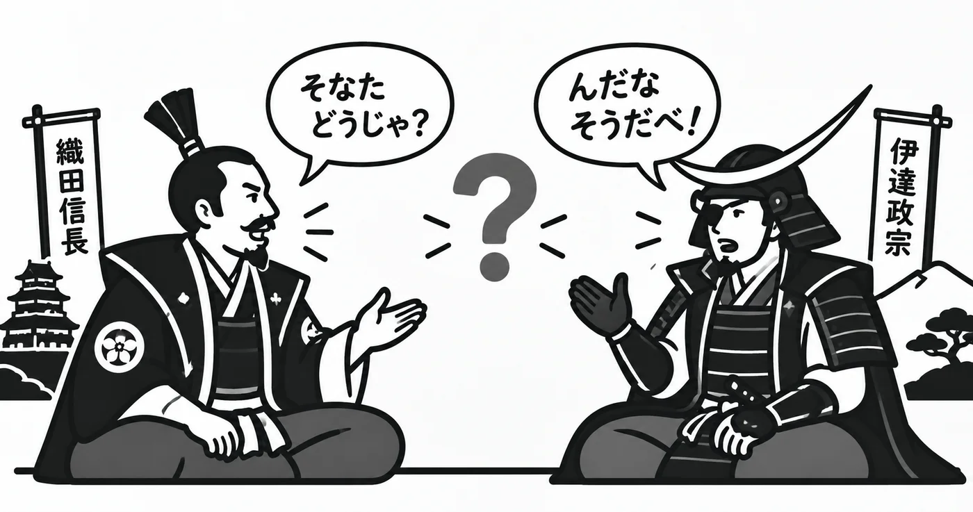織田信長と伊達政宗が向かい合い、それぞれの方言で会話が通じるのかを表現した戦国時代のイラスト